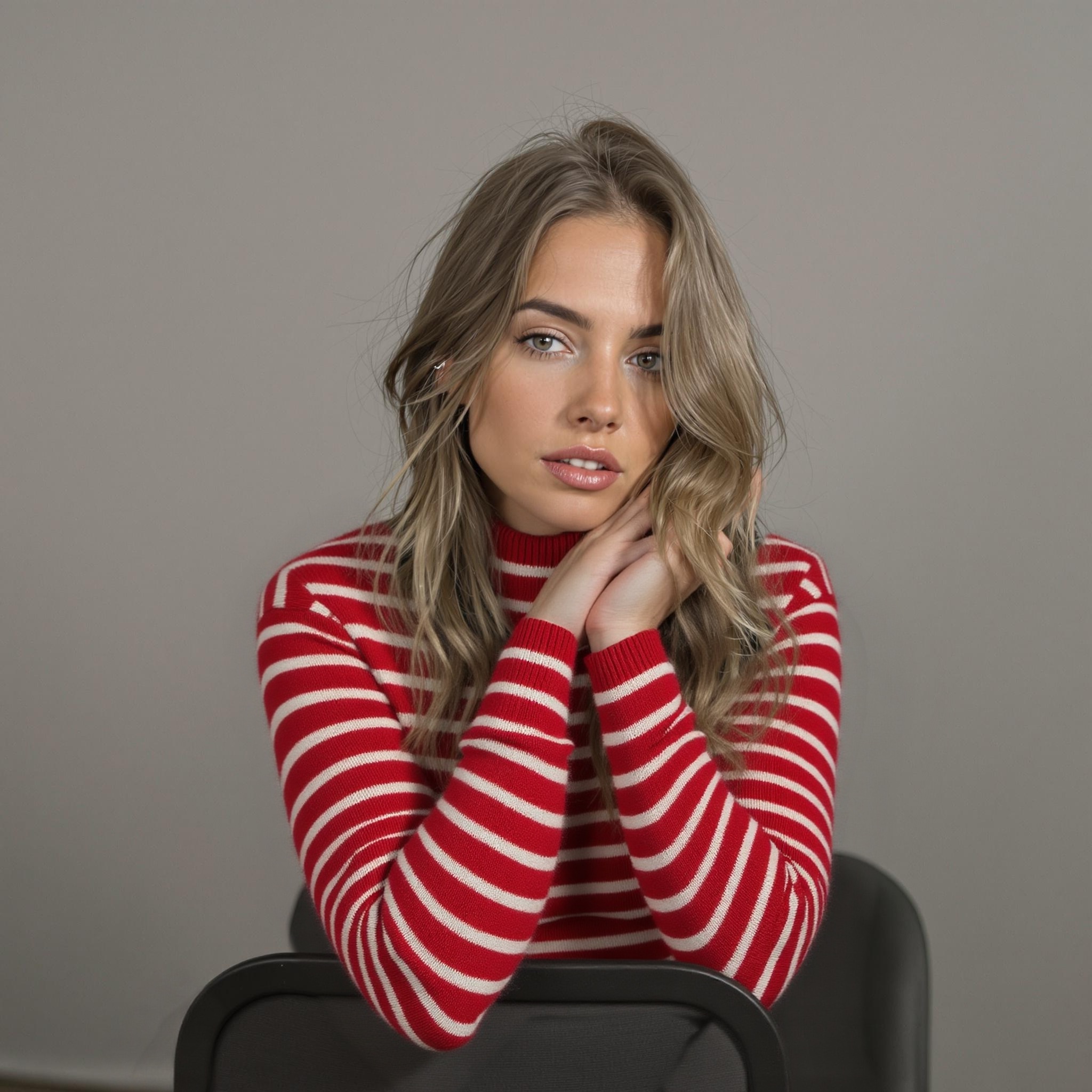 a woman is wearing a red striped sweater